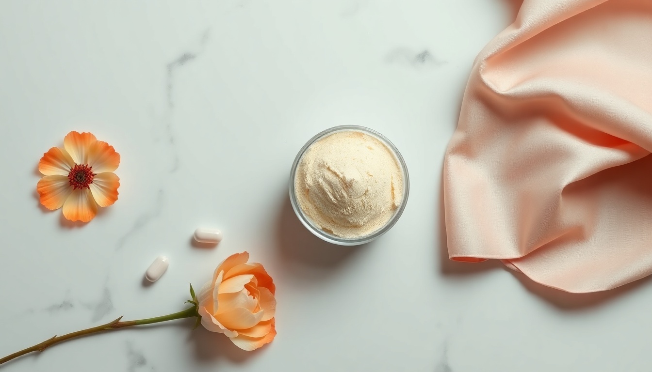 힐린세라토판 - flat lay of health supplement capsules and collagen powder on white marble desk, skincare and joint health concept
