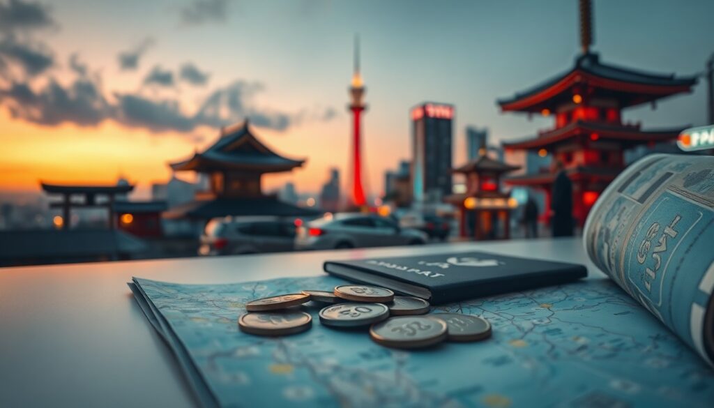일본 여행 2026 엔화 환율 절약 방법 - flat lay of Japanese yen coins, passport, and travel map on white desk, Japan travel 2026 exchange rate saving tips