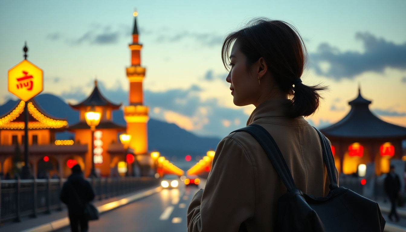 이주의 여행산업 - Korean woman full body shot with face visible, standing at scenic travel destination with backpack, sustainable travel concept in nature