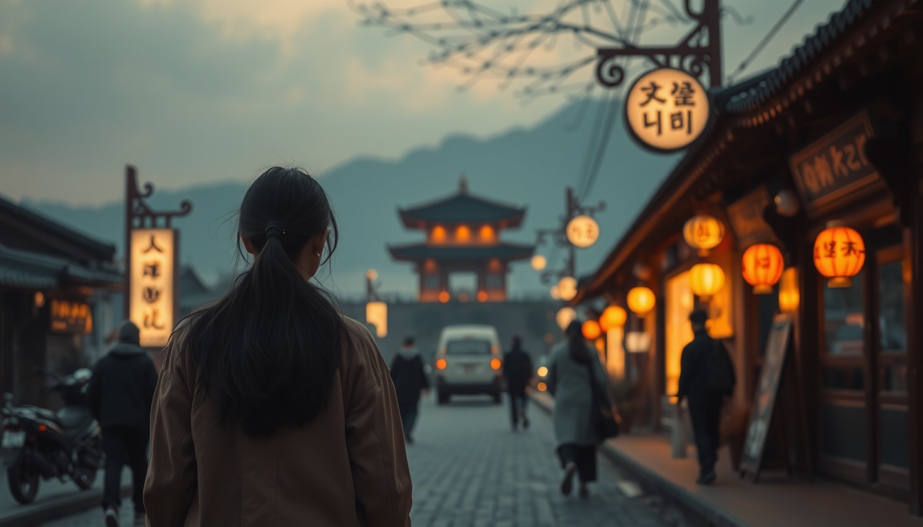 주말에 뭐하세요 - Korean woman full body shot with face visible, walking in traditional village outdoor market, natural hands holding shopping bag, weekend outing