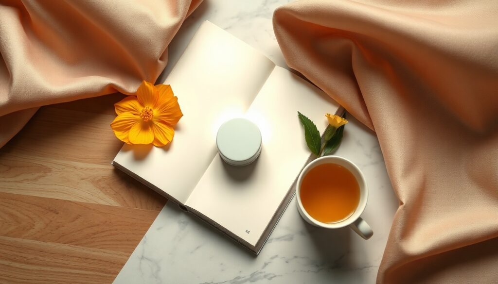 아스퍼거증후군 - flat lay of open book and warm cup of tea on wooden desk, asperger syndrome awareness concept with soft pastel tones