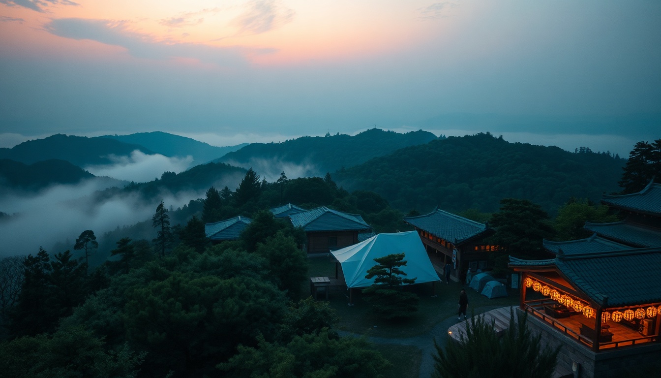 오대산국립공원사 무소 - aerial view of Odaesan National Park campsite surrounded by lush green forest in summer, flat lay camping gear in foreground