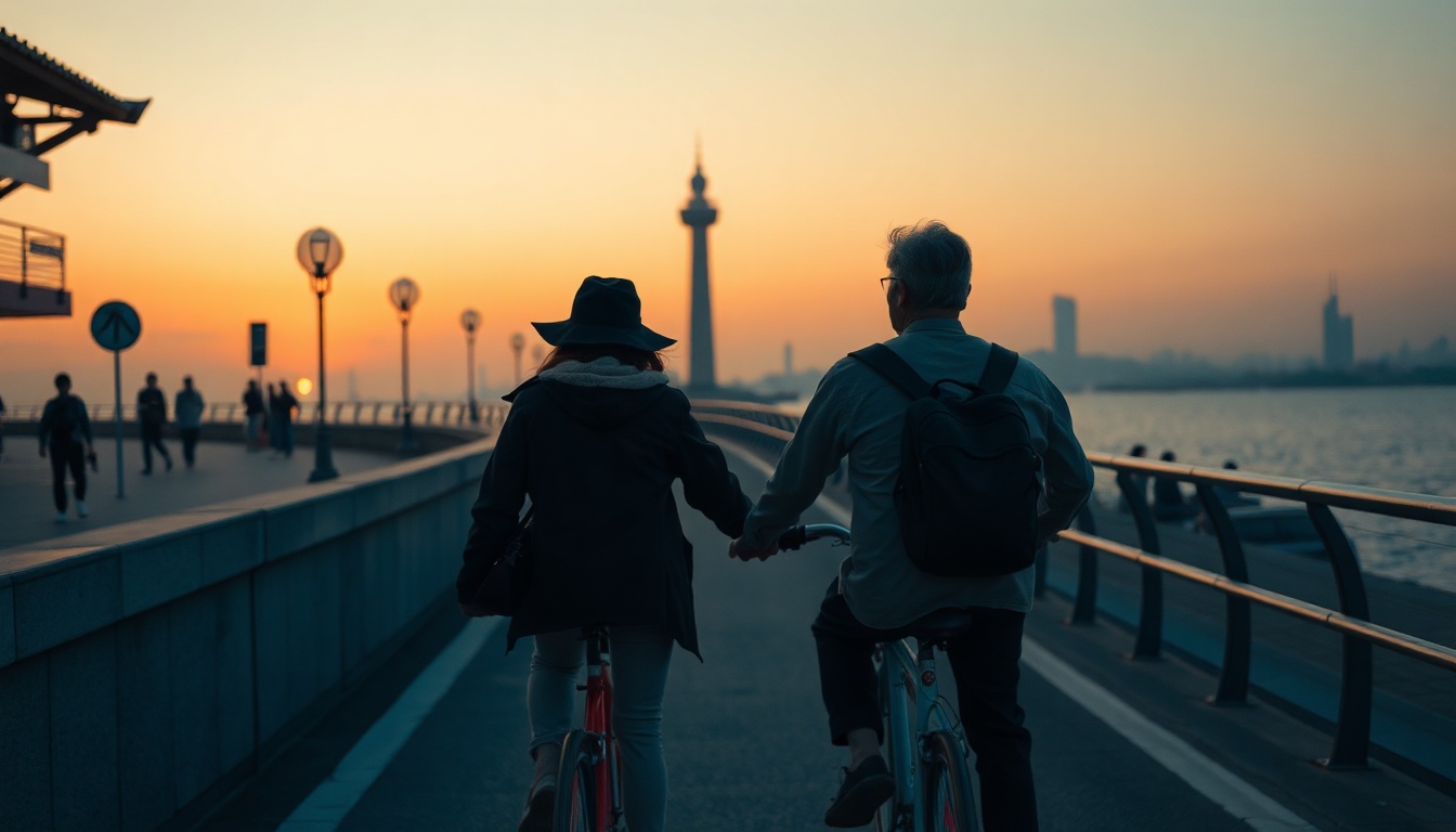 영종도 레일바이크 - couple riding rail bike along coastal track in Yeongjongdo Incheon, upper body shot with face visible, smiling, ocean view background