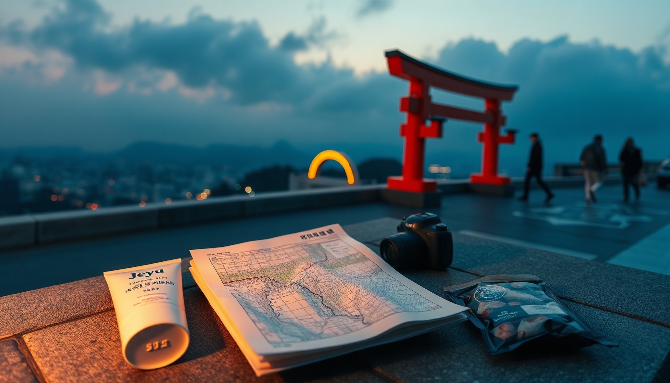 제주도 숨은 명소 여행 - flat lay of Jeju travel essentials including sunscreen, map, and local snacks on a white background, Jeju hidden spot travel guide