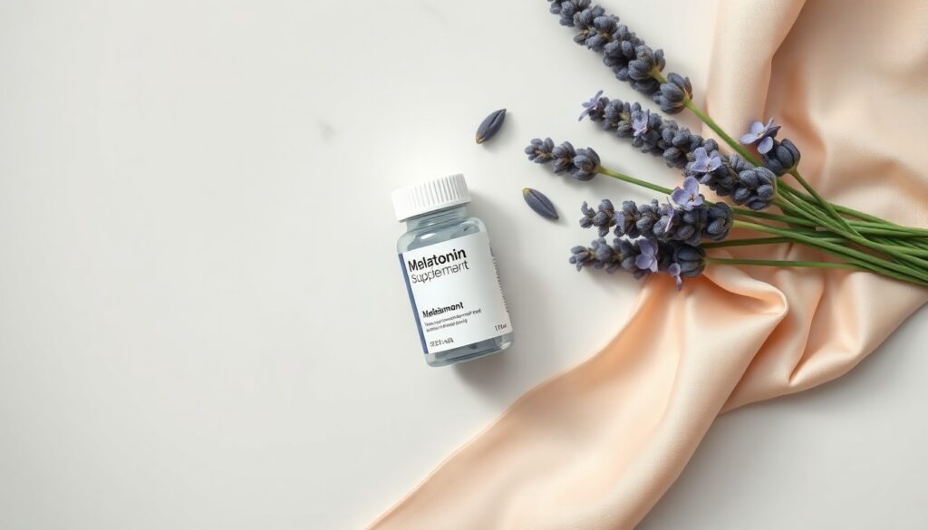 뉴트리코어멜라토닌 - flat lay of melatonin supplement bottle and lavender flowers on white marble surface, Nutricore melatonin sleep health concept