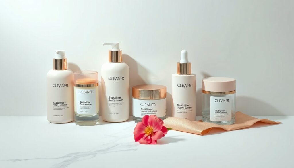 안정액가격 - flat lay of various stabilizer solution products on white background, clean product shot with price tag concept
