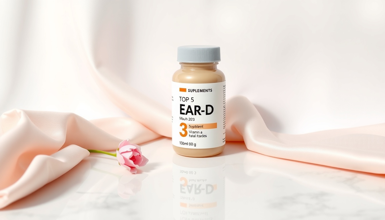 이석증영양제 - top 5 ear health supplements product shot on clean white background, vitamin D and magnesium capsules
