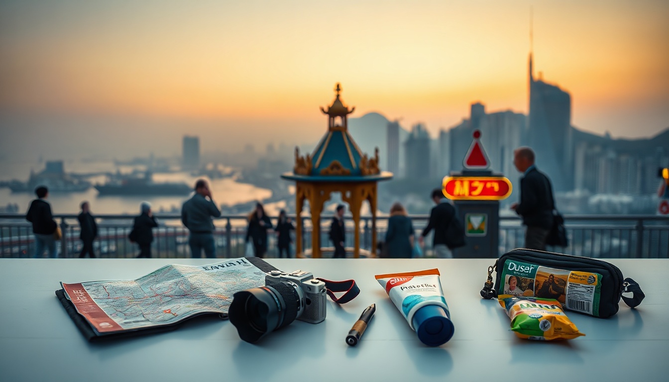 부산 여행 코스 여행 - flat lay of Busan travel essentials - map, camera, sunscreen, and snacks on white background, Busan travel course concept