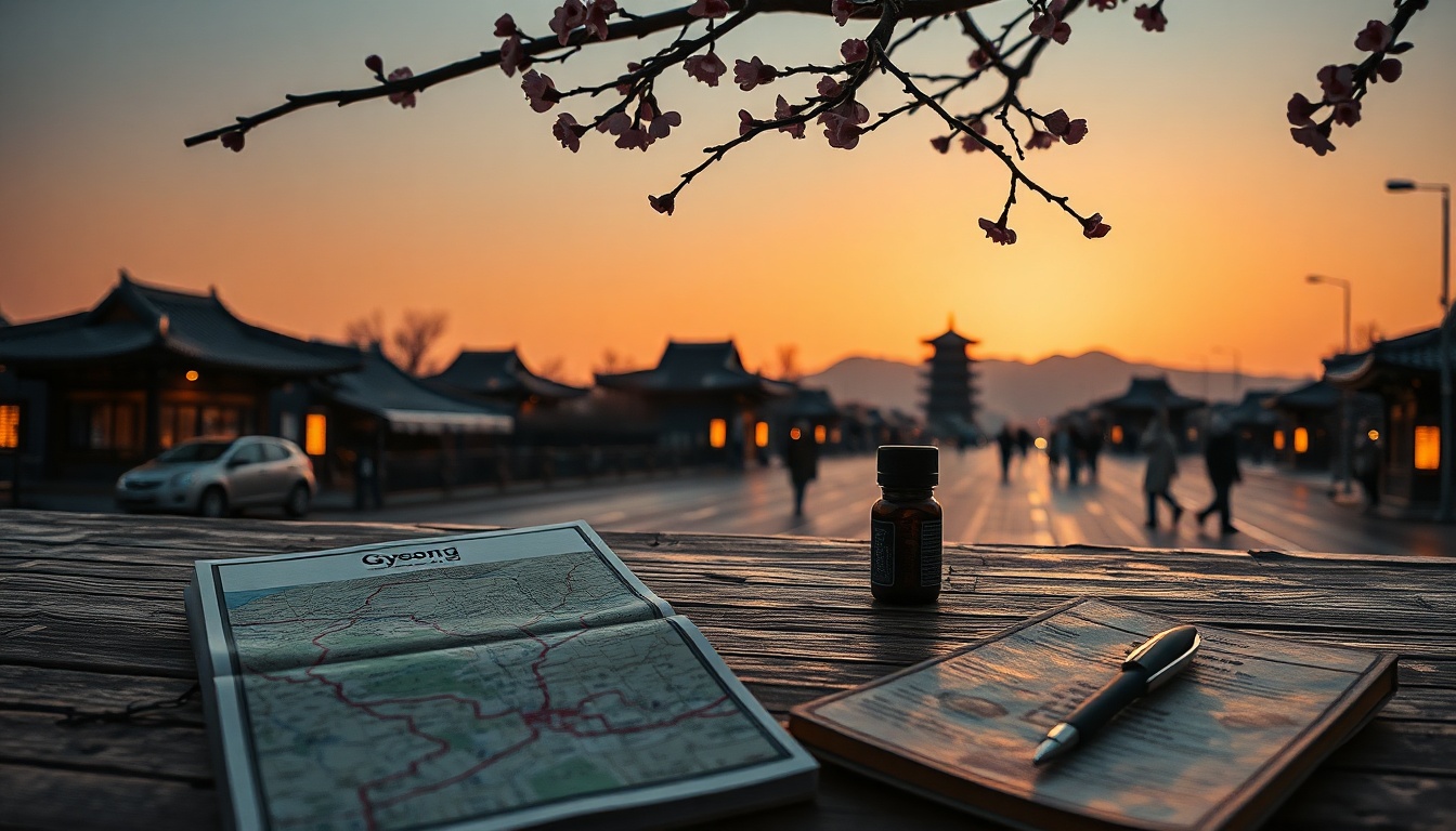 경주벚꽃 - flat lay of spring travel essentials including map of Gyeongju, cherry blossom petals, camera, and travel accessories on white background