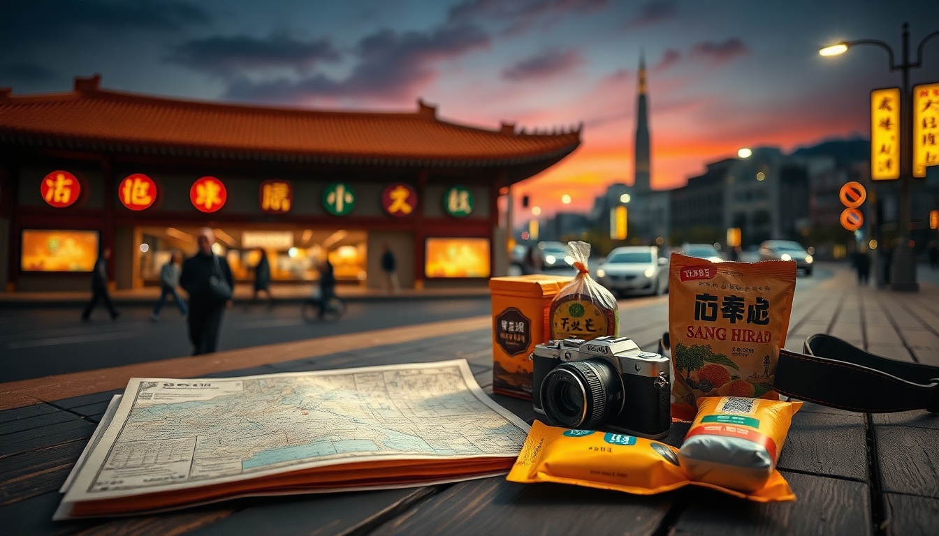 강화도 갈만한곳 - flat lay of Ganghwado travel essentials including map, camera, and local snacks on wooden table, travel to Ganghwa Island Korea