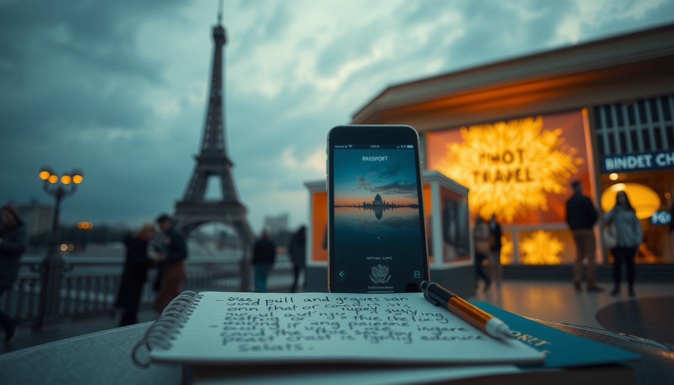 세대 여행 - flat lay of smartphone showing travel app, passport, and handwritten travel notes on beige linen background, MZ generation travel planning concept