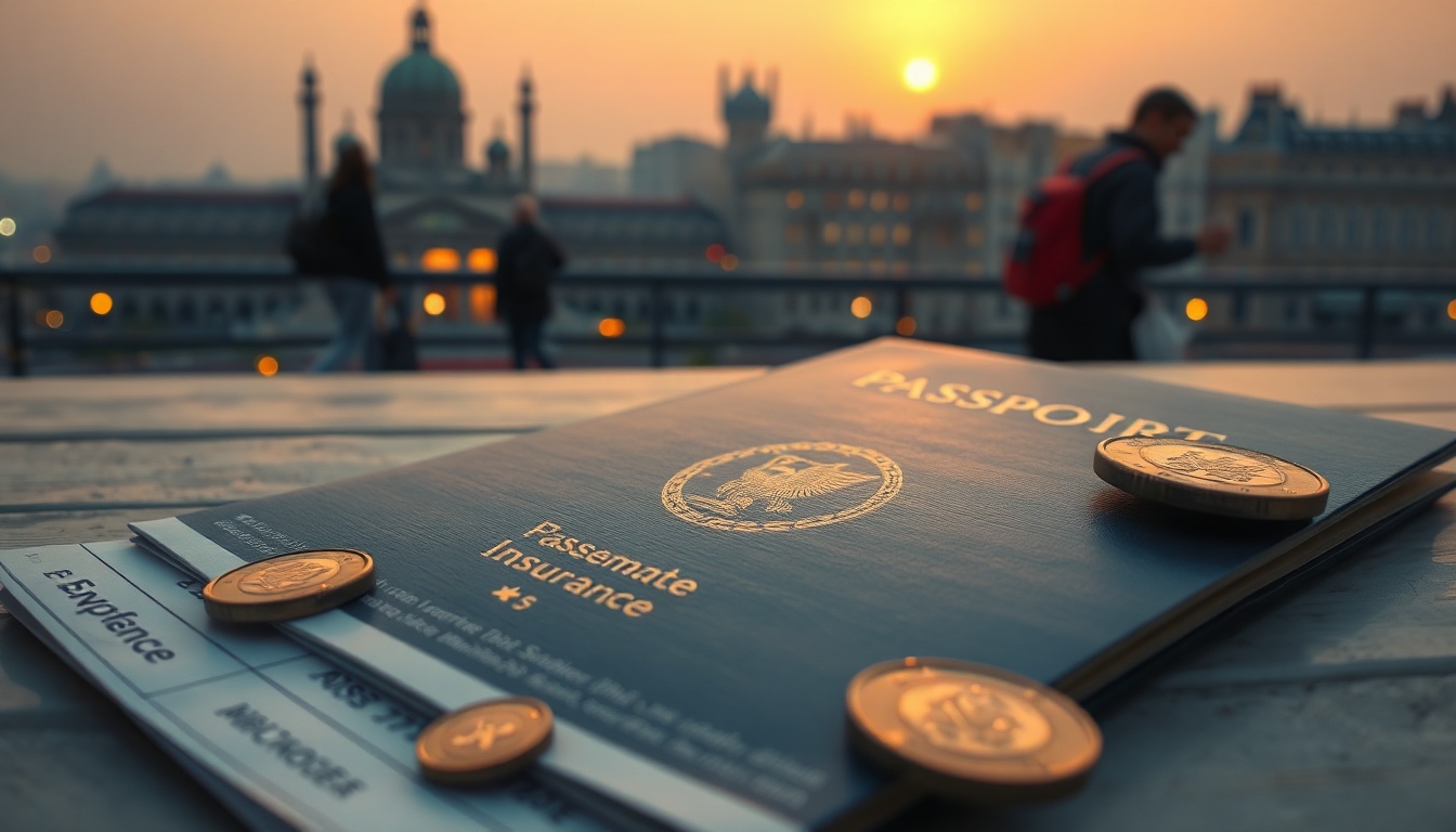 유럽 여행자 보험 비교 - flat lay of passport, airplane ticket, travel insurance documents and euro coins on white desk, Europe travel insurance comparison concept