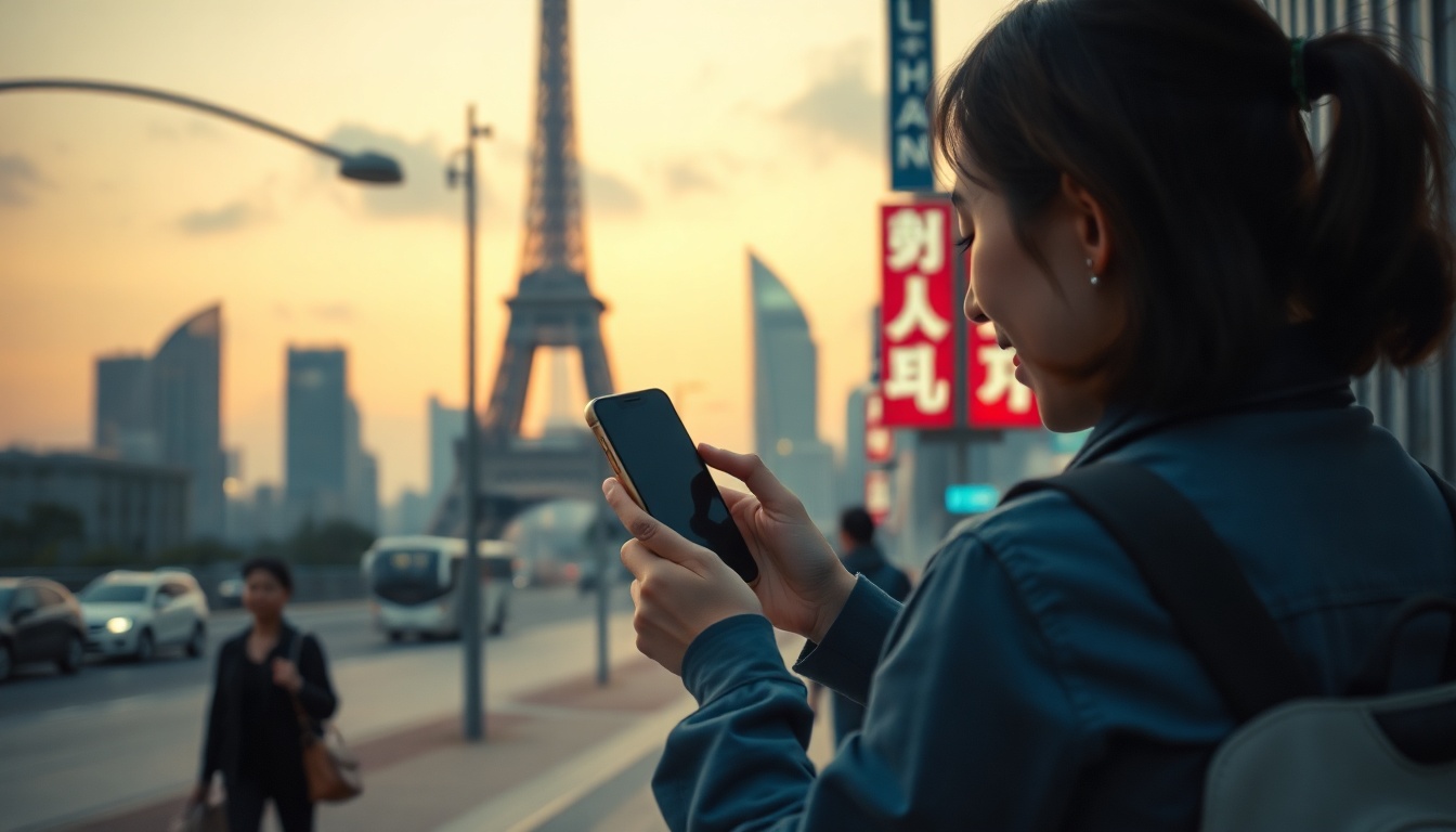 하나투어 땡처리 - Korean woman upper body shot with face visible, checking smartphone with excited expression while planning last minute travel, natural hands, bright indoor setting