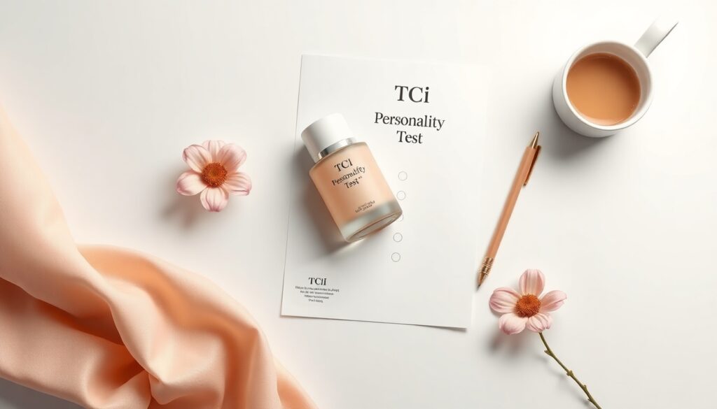 TCI기질검사 - flat lay of personality test paper, pencil and coffee cup on white desk, TCI temperament character inventory concept