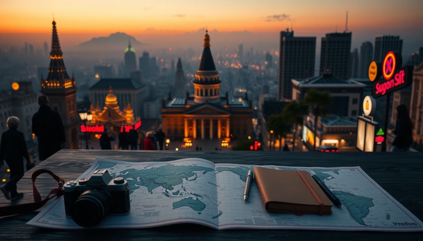 이주의 여행산업 - flat lay of travel planning essentials including world map, camera, notebook, and coffee on wooden desk, travel industry trend 2026