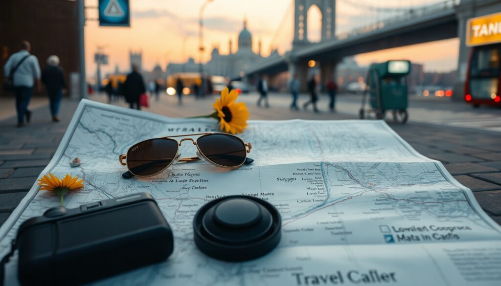 국내 여행지 추천 여행 - flat lay of travel map with sunglasses, camera, and wildflowers on white background, domestic Korea travel recommendation concept