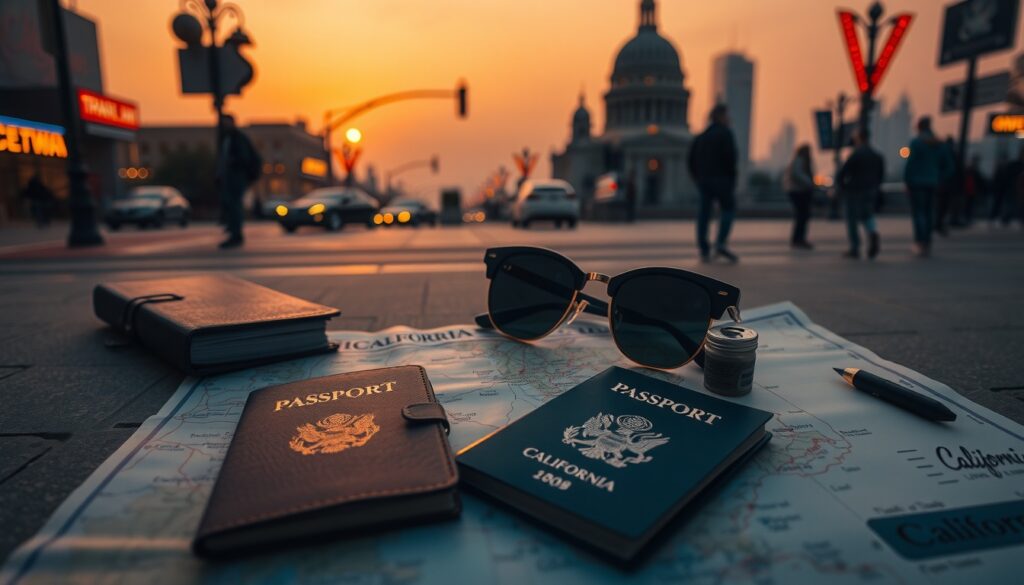 비즈 트래블 - flat lay of travel essentials including passport, sunglasses, and California map on white desk, biz travel concept