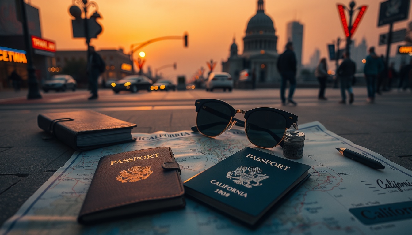 비즈 트래블 - flat lay of travel essentials including passport, sunglasses, and California map on white desk, biz travel concept
