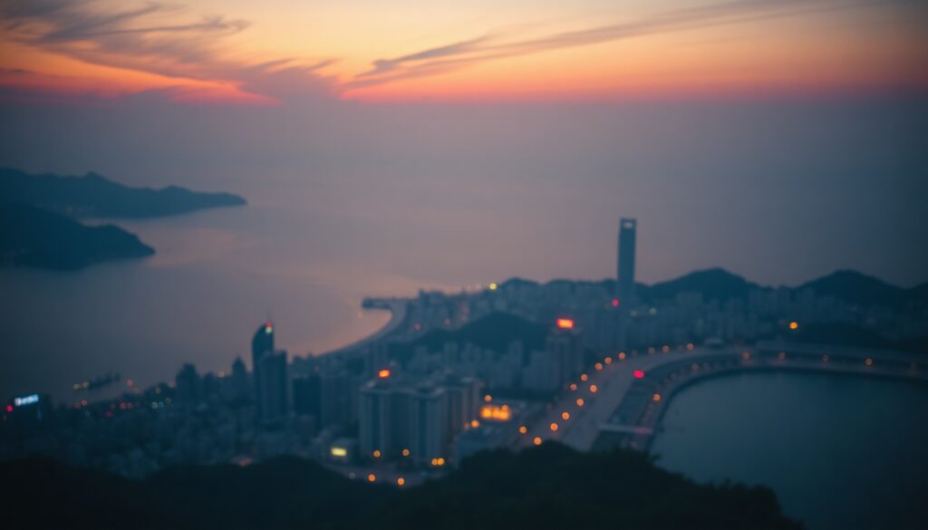 부산 여행 코스 여행 - aerial view of Busan city coastline with ocean and mountains, travel destination concept, vibrant daytime scenery