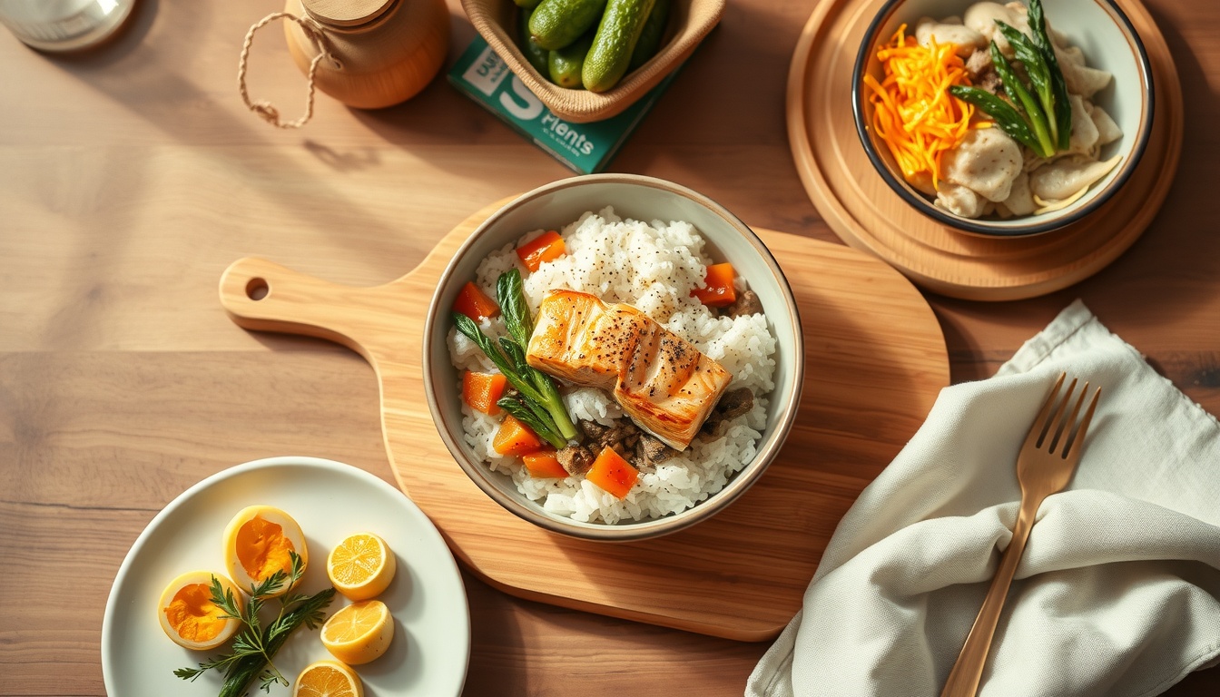 집밥 메뉴 추천 - beautiful Korean home-cooked salmon avocado rice bowl on wooden table, meal recommendation concept, natural light and cozy home atmosphere