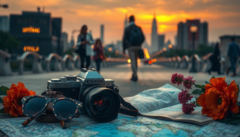 국내 여행지 추천 여행 - flat lay of travel essentials including camera, map, sunglasses and flowers on white background, Korean domestic travel recommendation concept