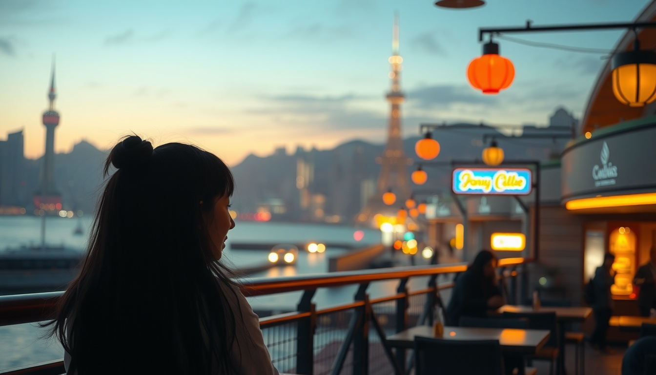 비즈 트래블 - upper body shot of Korean woman with face visible, sitting by ocean view cafe window in Southern California, biz travel atmosphere