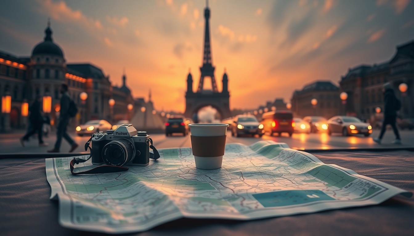 주말에 뭐하세요 - flat lay of travel map, camera, and coffee cup on pastel background, weekend outing in South Korea concept