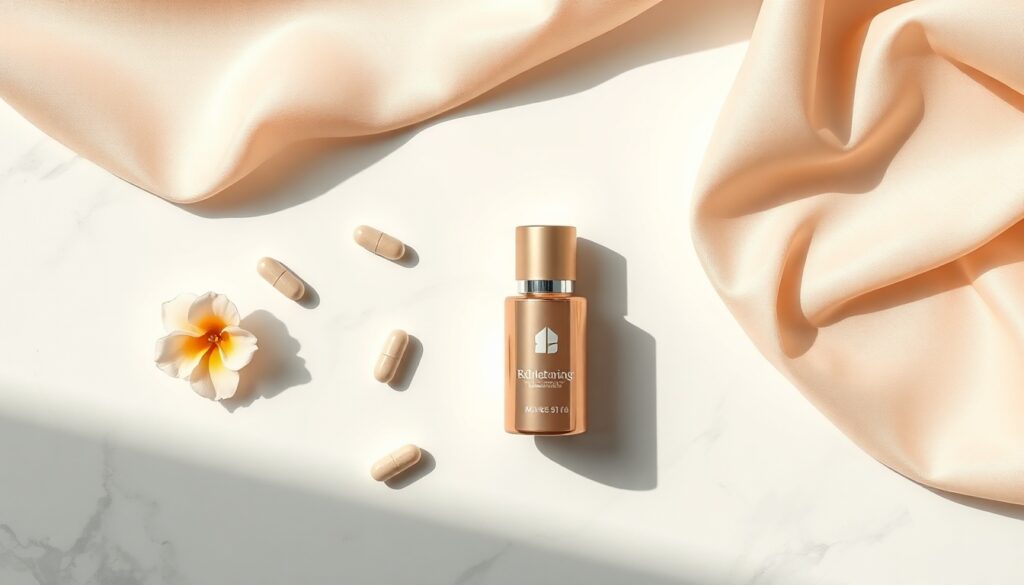 닥터린멜라바인 - flat lay of whitening supplement capsules and skincare ingredients on white marble background, Dr.Lin Melabine beauty supplement concept