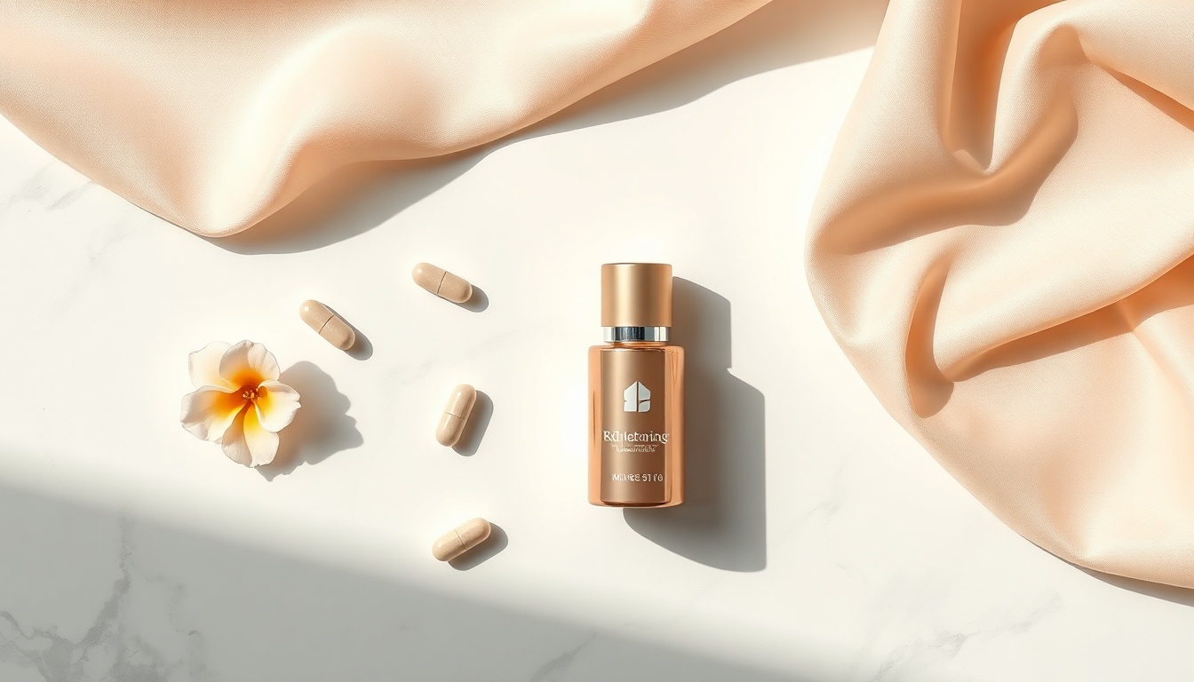 닥터린멜라바인 - flat lay of whitening supplement capsules and skincare ingredients on white marble background, Dr.Lin Melabine beauty supplement concept