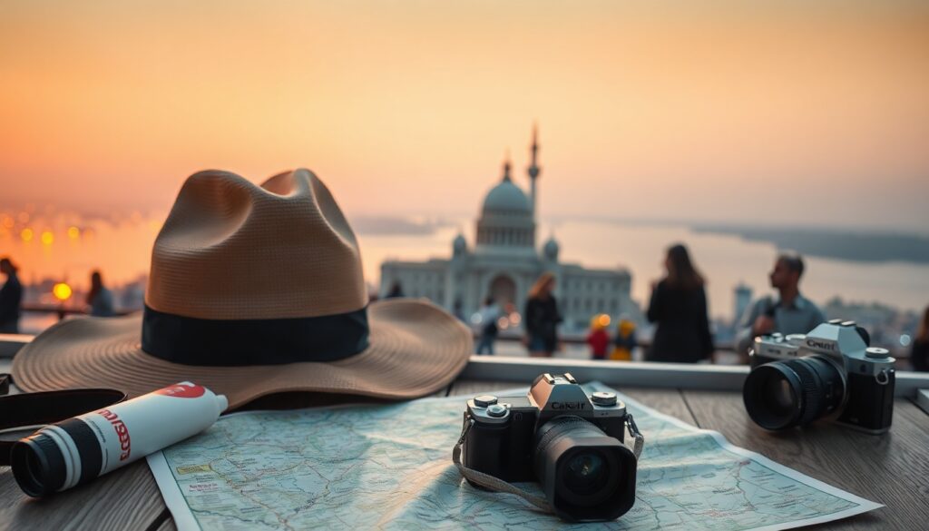국내 여행지 추천 여행 - flat lay of summer travel essentials including sunscreen, hat, map, and camera on white background, domestic travel recommendation concept