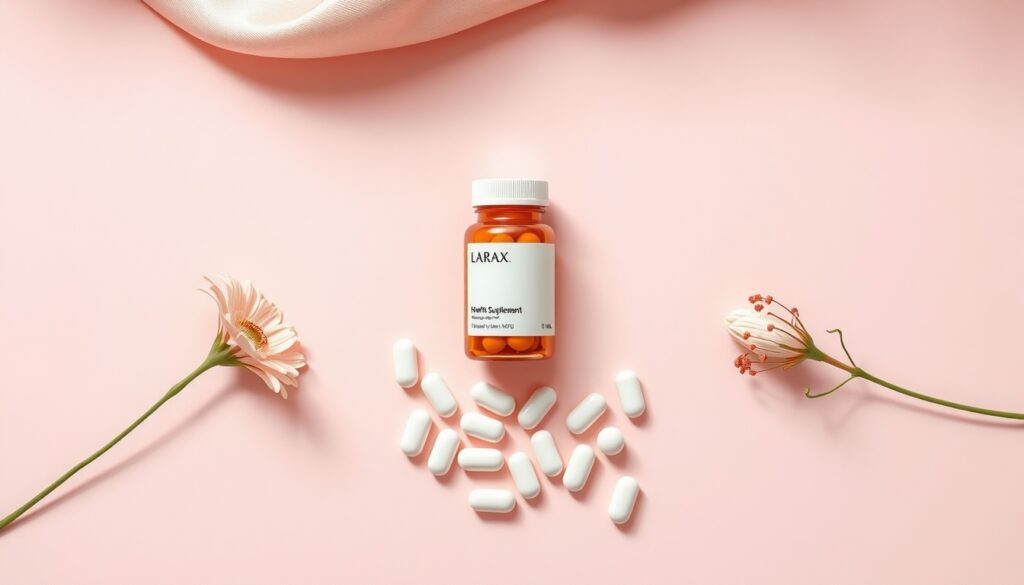 세라토판 - flat lay of health supplement capsules and white tablets on soft pink background, seratopan supplement concept, overhead view