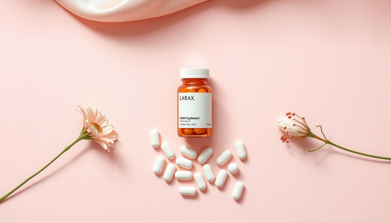 세라토판 - flat lay of health supplement capsules and white tablets on soft pink background, seratopan supplement concept, overhead view