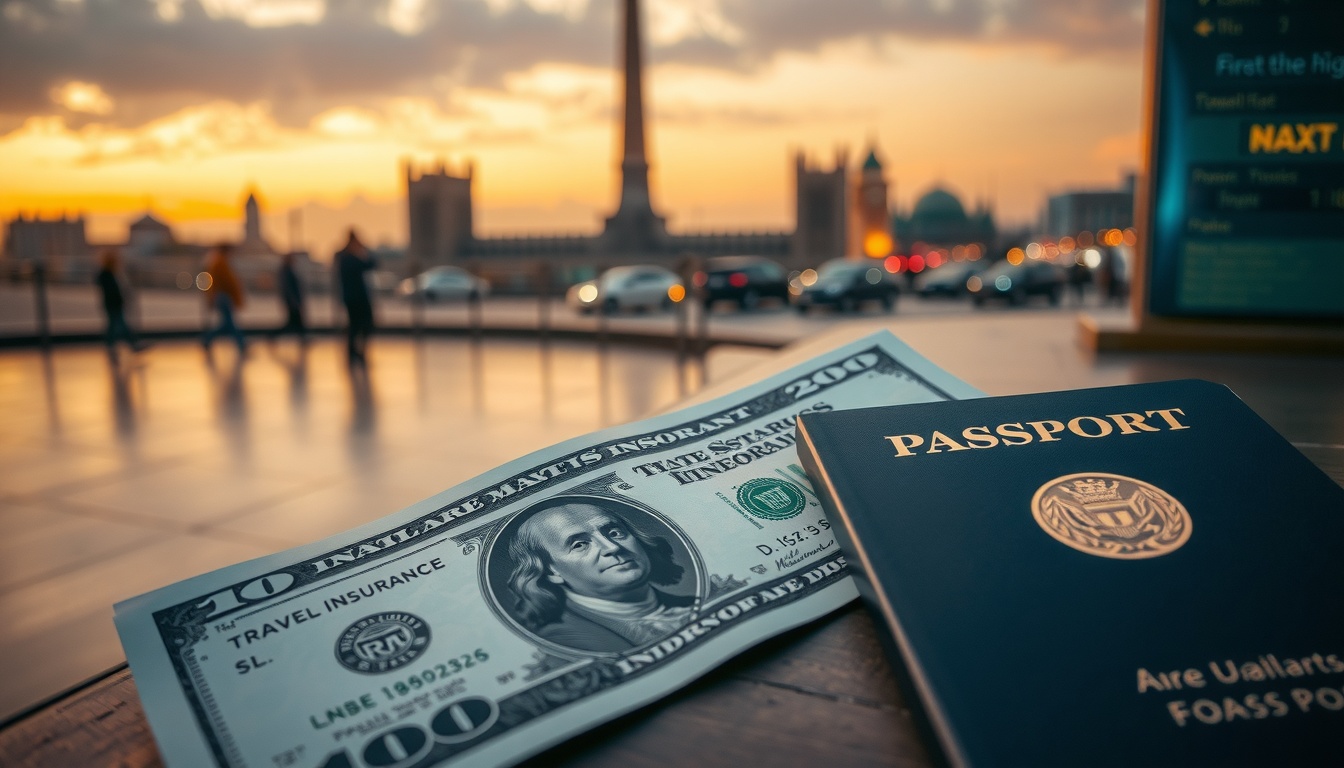 미국 여행자 보험 추천 - flat lay of passport, travel insurance documents, airplane ticket and US dollar bills on white desk, travel insurance concept
