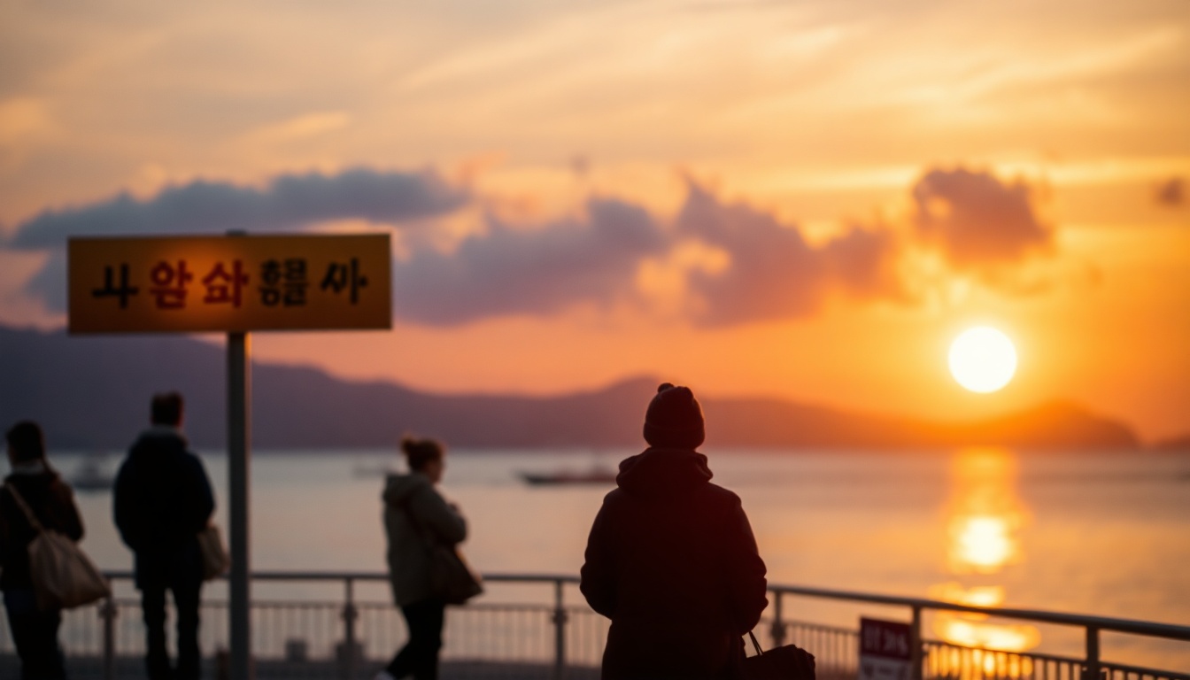 영종도 갈만한 곳 - scenic coastal sunset view at Eulwangri beach Yeongjongdo, warm orange sky reflection on calm sea water