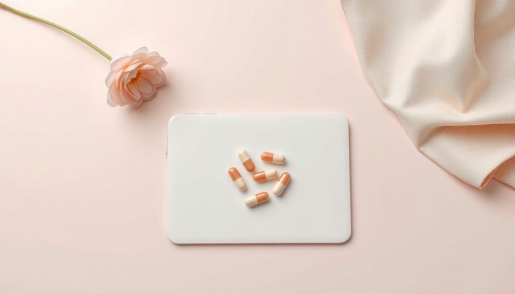 심진캡슐 - flat lay of health supplement capsules and white tablet on wooden desk, heart health concept with green leaves