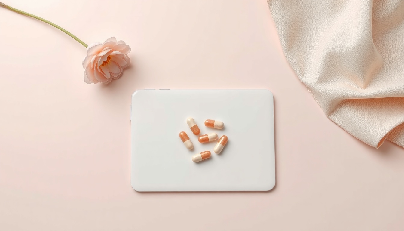 심진캡슐 - flat lay of health supplement capsules and white tablet on wooden desk, heart health concept with green leaves