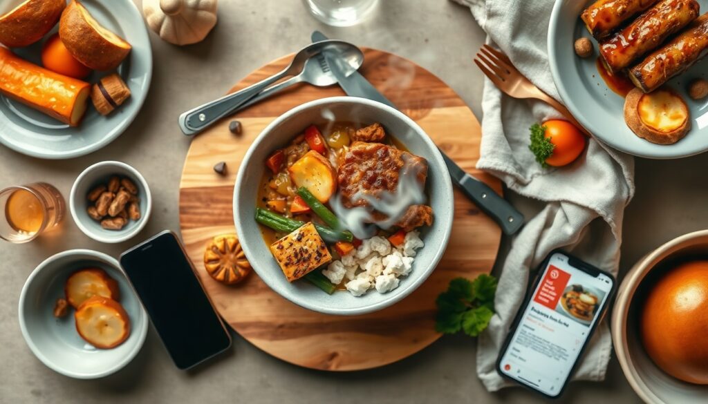 자취생 배달 - flat lay of convenience store food and delivery app on smartphone, overhead view, self-living meal concept