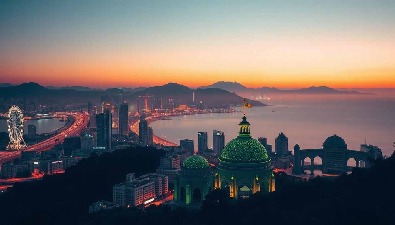 부산 여행 코스 여행 - aerial view of Busan cityscape with ocean and mountains, Haeundae beach travel course, vibrant and scenic