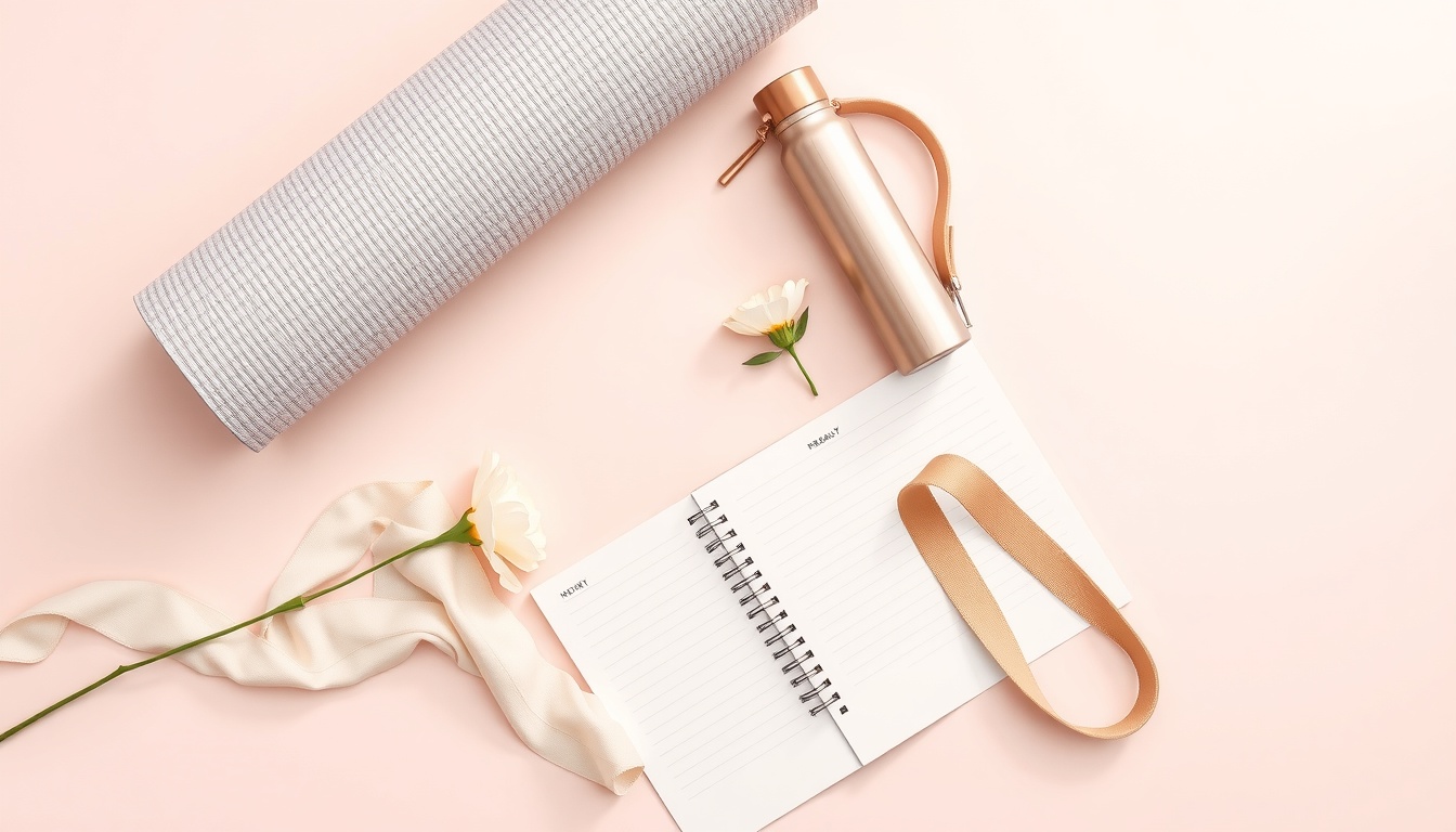 홈트 루틴 - flat lay of yoga mat water bottle resistance band and notebook with weekly home workout routine plan on pastel background