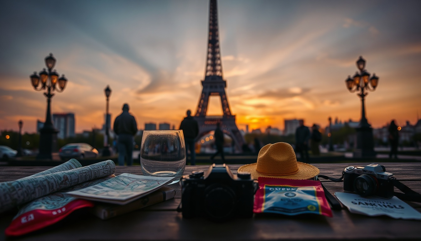 가족 여행 - flat lay of family travel essentials including map, sunscreen, snacks, camera and travel checklist on white background, family travel preparation concept