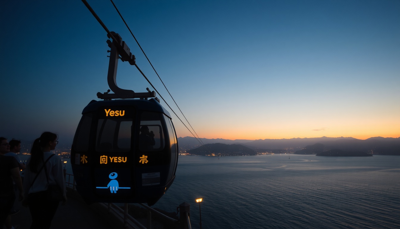여수 여행 - Yeosu cable car over the sea with panoramic ocean view, travelers enjoying coastal scenery in South Korea