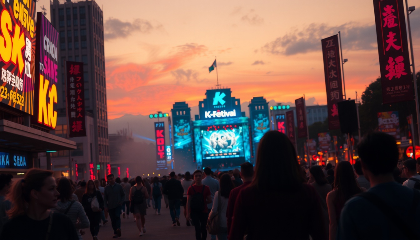 세계축제가 이곳에서 - colorful K-festival outdoor event with crowd and stage lights, global festival concept, vibrant atmosphere