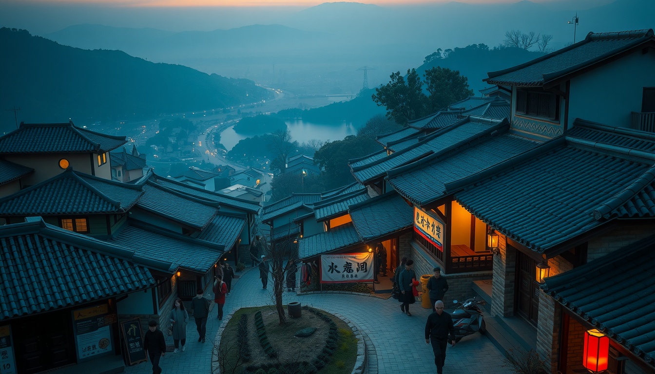 지방으로 체험으로 - aerial view of traditional Korean village in rural countryside, colorful hanbok culture experience, travel in Korea
