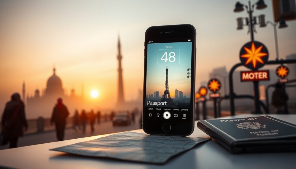 크리테오 글로벌 - flat lay of smartphone showing travel app, passport, and map on white desk, AI travel planning concept