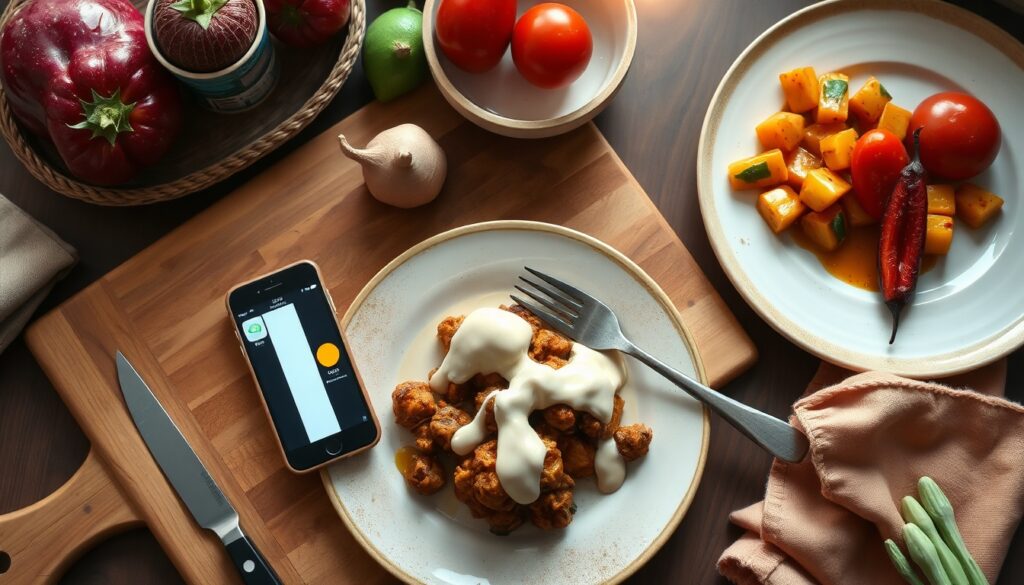맛집 추천 - flat lay of smartphone showing food review app, fork and knife beside it on pastel pink background, food recommendation concept