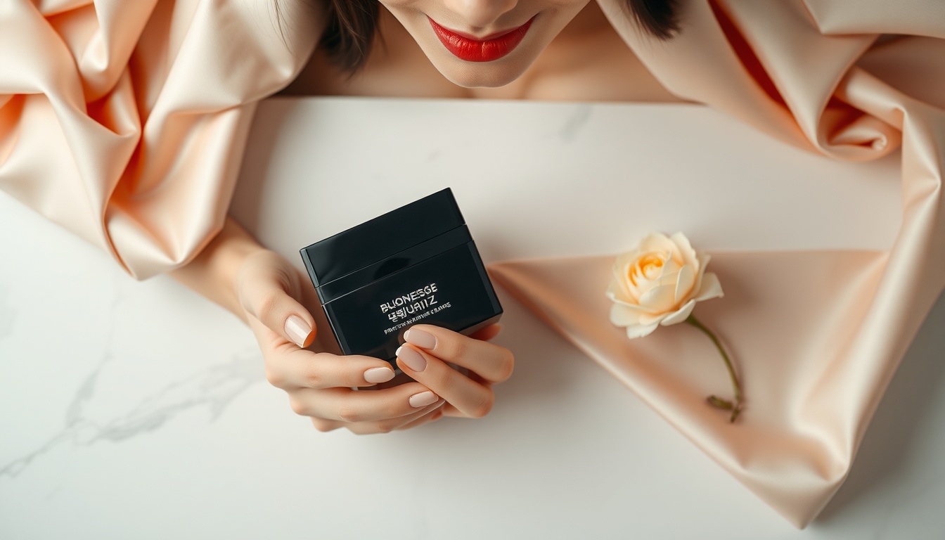 명함 디자인 - upper body shot of Korean woman with face visible, holding elegant dark business card with gold lettering, natural hands, studio background