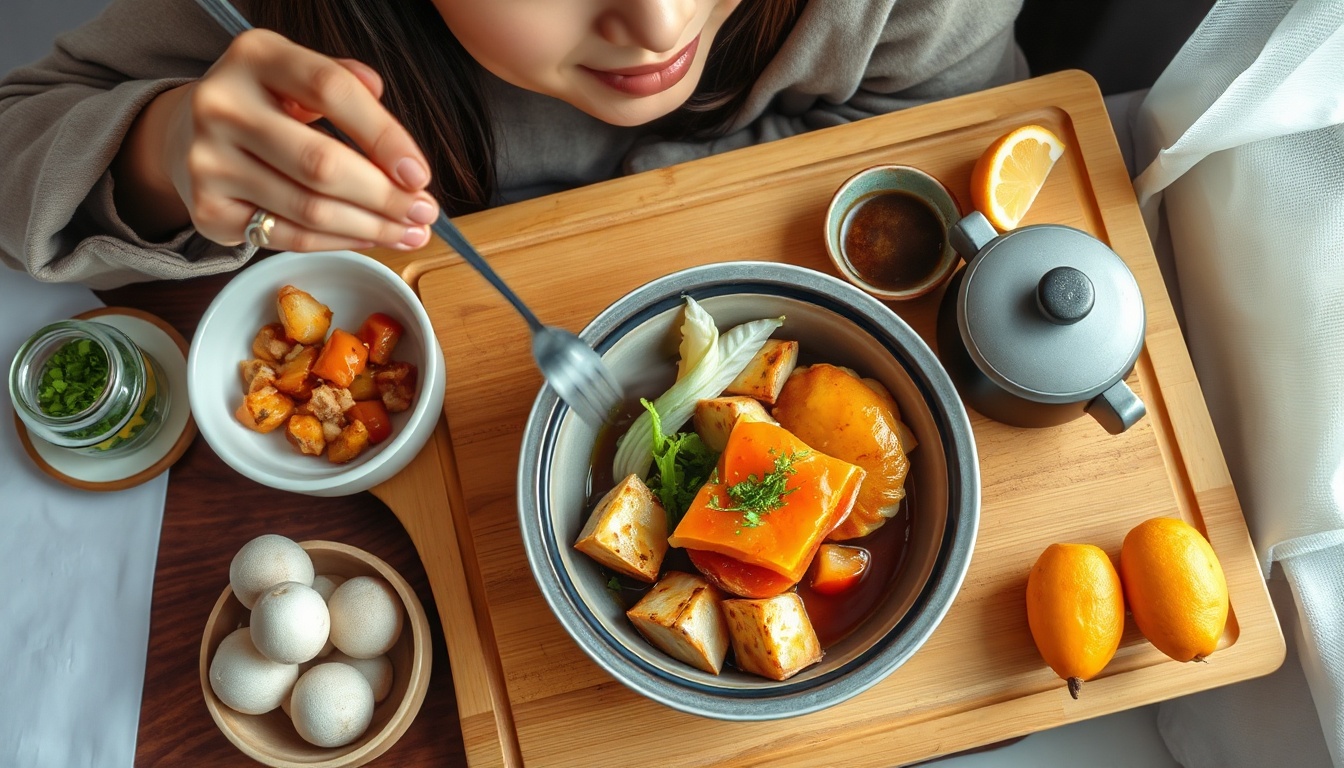 부산시 맛집 - Korean woman upper body shot with face visible, smiling and eating seafood at an ocean view restaurant in Busan, natural hands holding chopsticks