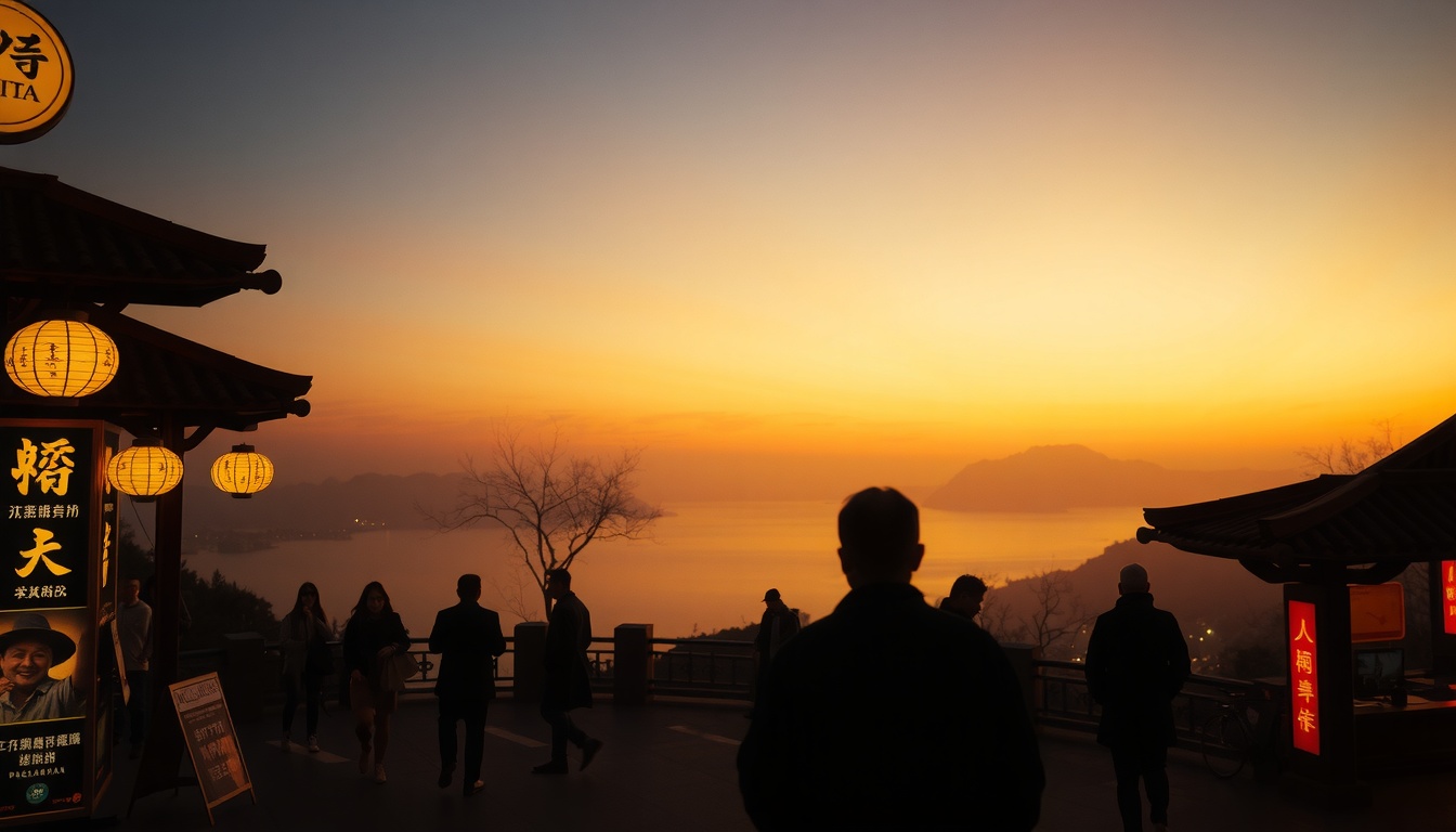 현장 타이중 - scenic view of Sun Moon Lake in Nantou Taiwan, Taichung travel destination, golden hour reflection on water