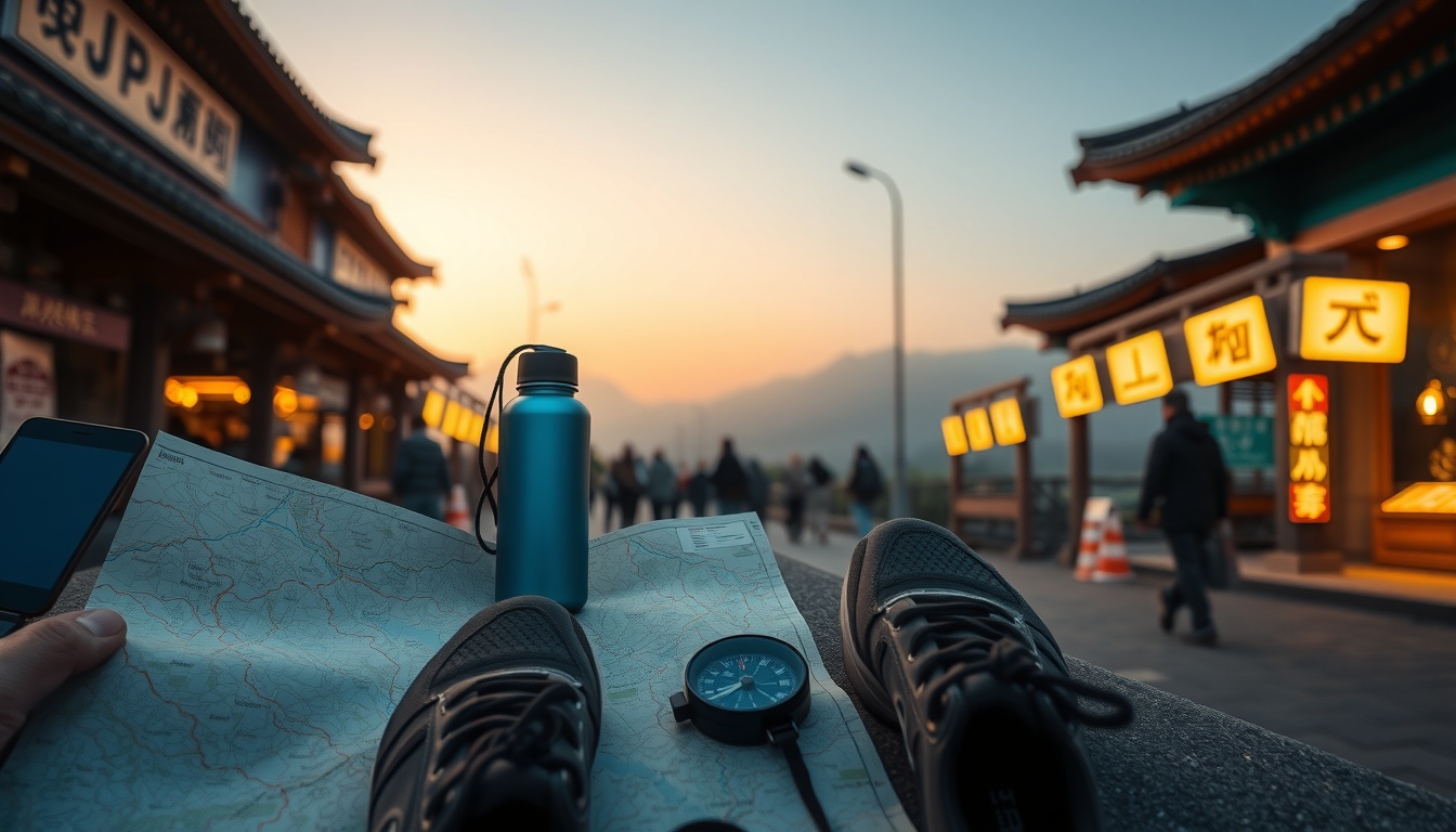 제주교구 순례길 - flat lay of Jeju pilgrimage trail map, walking shoes, water bottle and compass on wooden table, travel planning concept