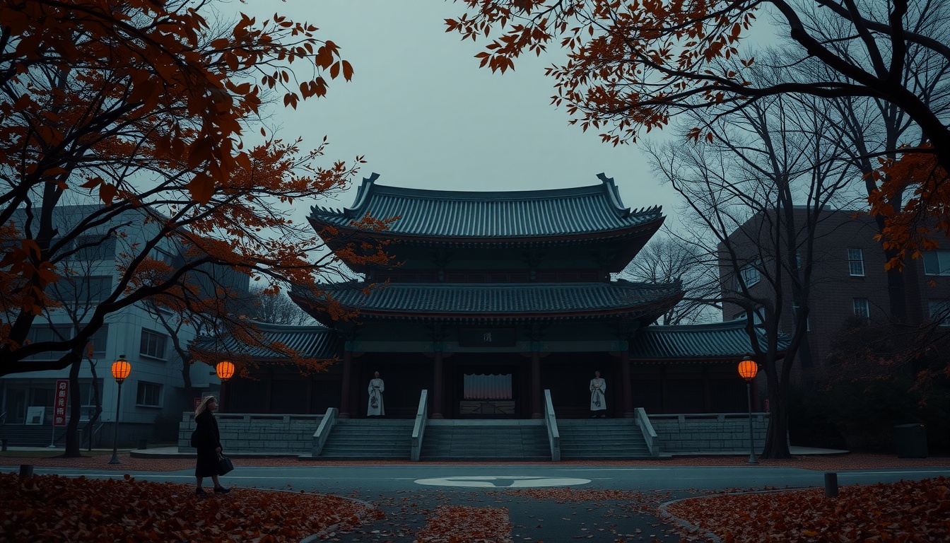 최강록 최초 - serene Korean Buddhist temple surrounded by autumn leaves, peaceful travel destination, overhead view with natural light